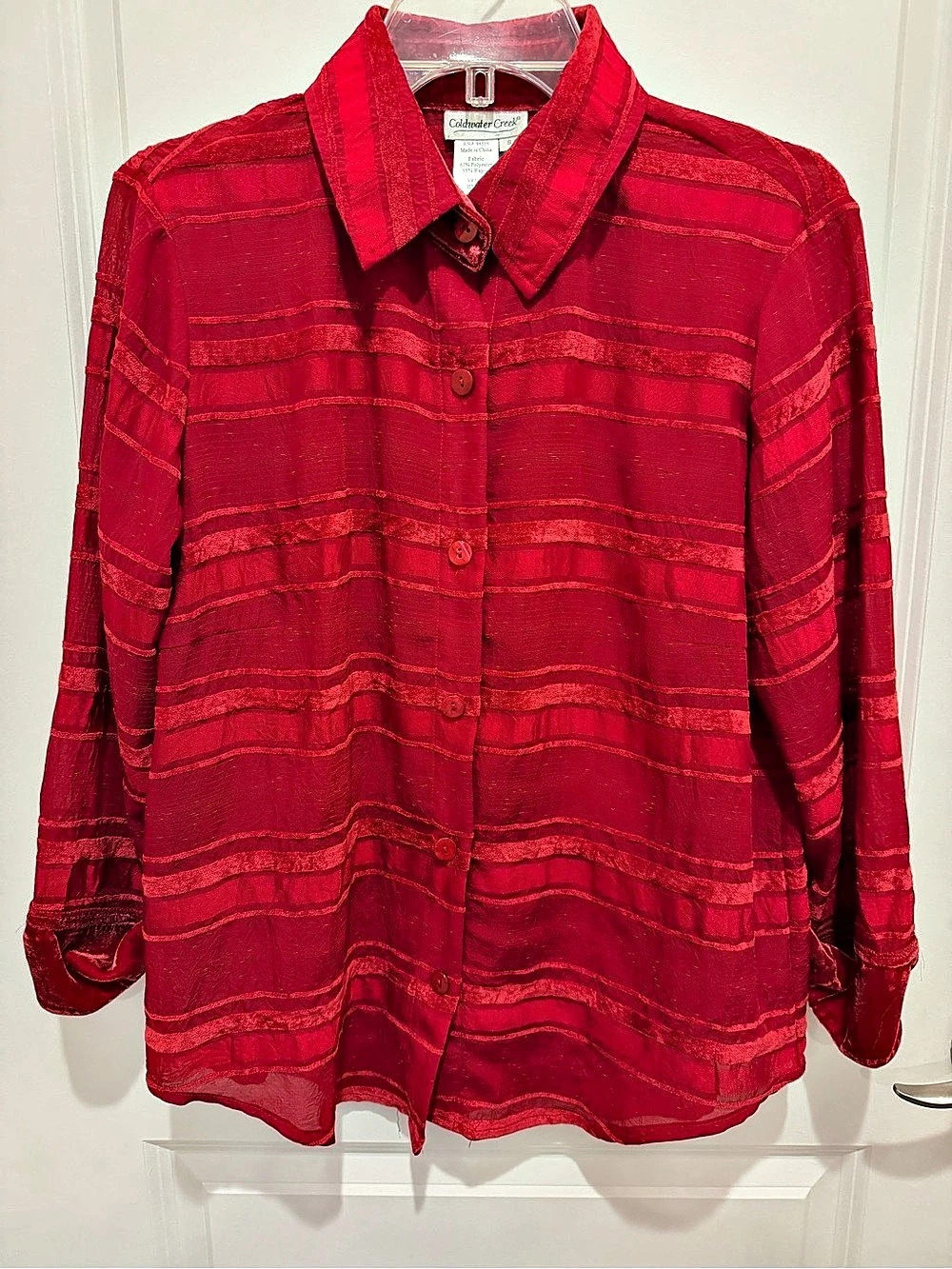Coldwater Creek Red Textured Stripe Velvet Trim Button Up Blouse Abstract Stripe